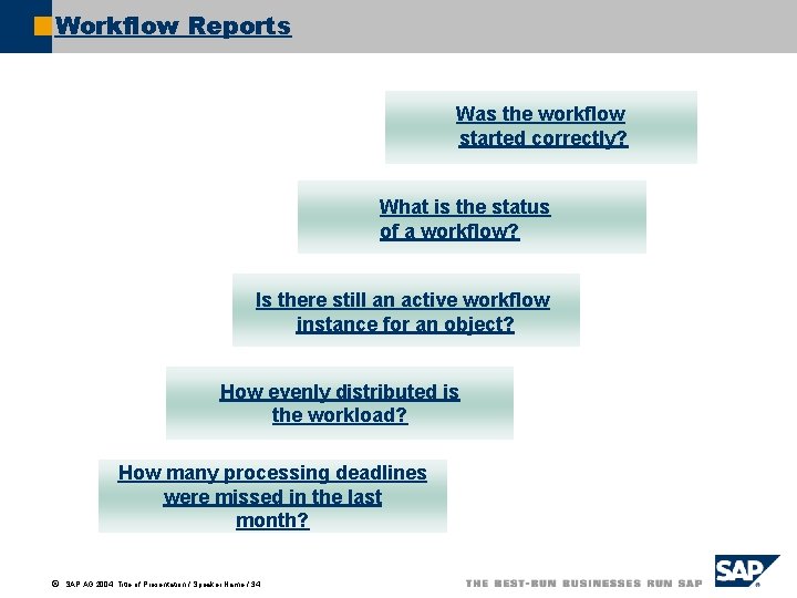 Workflow Reports Was the workflow started correctly? What is the status of a workflow?