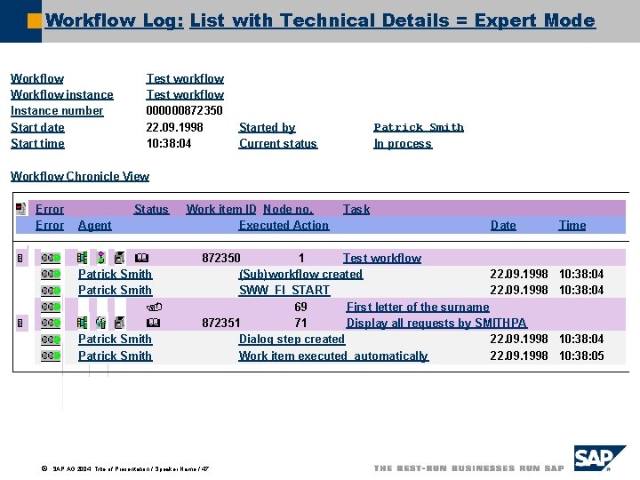 Workflow Log: List with Technical Details = Expert Mode Workflow instance Instance number Start