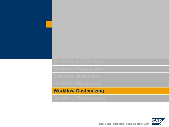 Workflow Architecture Workflow Organization Business Workplace Workflow Monitoring Workflow Customizing Workflow Transactions 