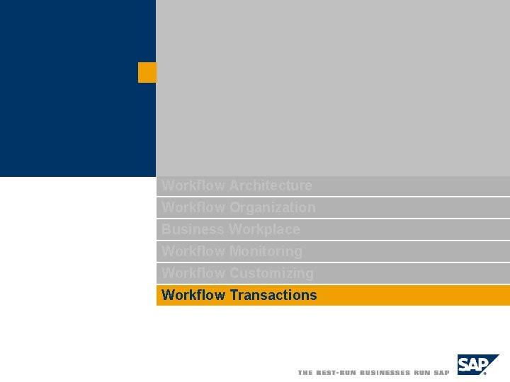 Workflow Architecture Workflow Organization Business Workplace Workflow Monitoring Workflow Customizing Workflow Transactions 