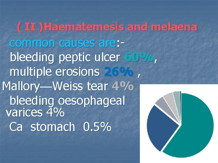 ( II )Haematemesis and melaena common causes are: bleeding peptic ulcer 60%, multiple erosions