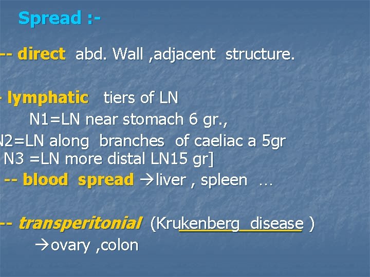 Spread : - -- direct abd. Wall , adjacent structure. - lymphatic tiers of