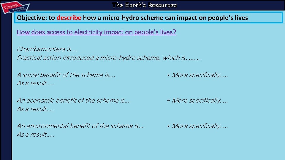 The Earth’s Resources Objective: to describe how a micro-hydro scheme can impact on people’s