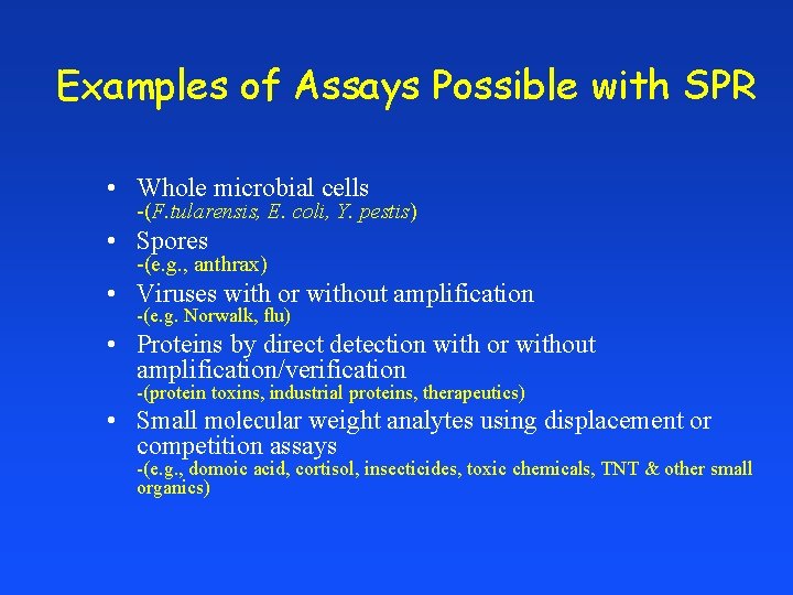 Examples of Assays Possible with SPR • Whole microbial cells -(F. tularensis, E. coli,