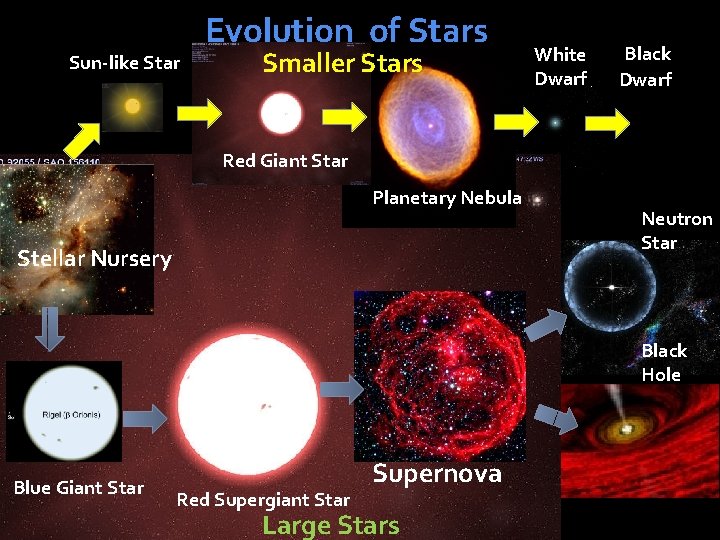 Sun-like Star Evolution of Stars Smaller Stars White Dwarf Black Dwarf Red Giant Star