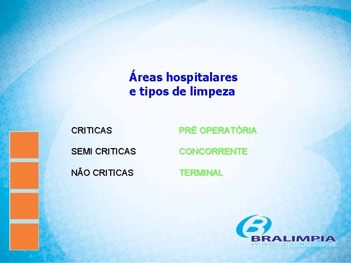 Áreas hospitalares e tipos de limpeza CRITICAS PRÉ OPERATÓRIA SEMI CRITICAS CONCORRENTE NÃO CRITICAS