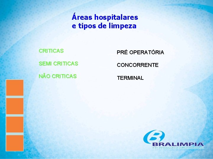 Áreas hospitalares e tipos de limpeza CRITICAS PRÉ OPERATÓRIA SEMI CRITICAS CONCORRENTE NÃO CRITICAS