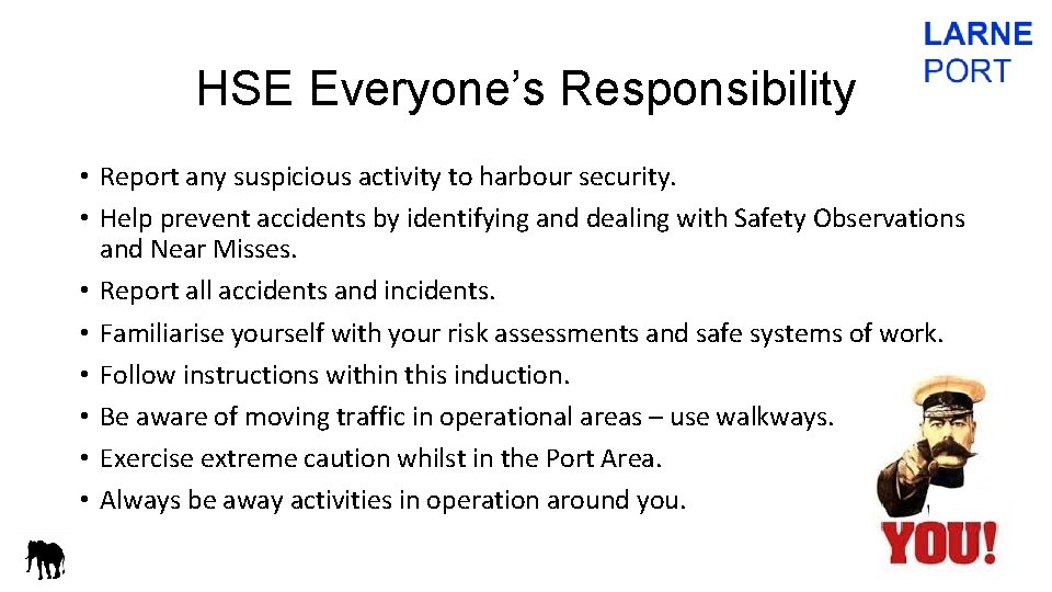 HSE Everyone’s Responsibility • Report any suspicious activity to harbour security. • Help prevent