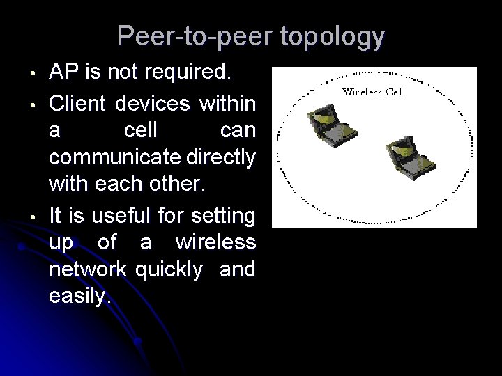 Peer-to-peer topology • • • AP is not required. Client devices within a cell