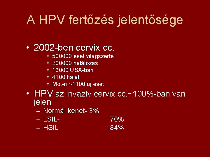 A HPV fertőzés jelentősége • 2002 -ben cervix cc. • • • 500000 eset