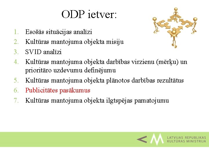 ODP ietver: 1. 2. 3. 4. Esošās situācijas analīzi Kultūras mantojuma objekta misiju SVID