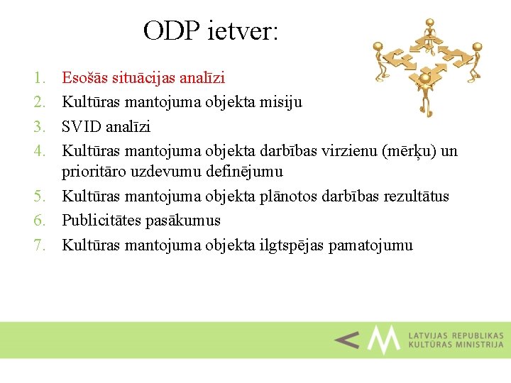 ODP ietver: 1. 2. 3. 4. Esošās situācijas analīzi Kultūras mantojuma objekta misiju SVID
