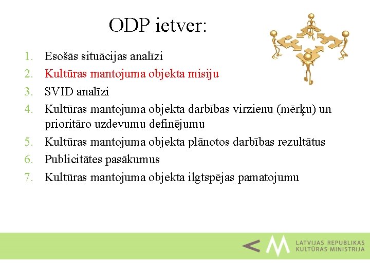 ODP ietver: 1. 2. 3. 4. Esošās situācijas analīzi Kultūras mantojuma objekta misiju SVID