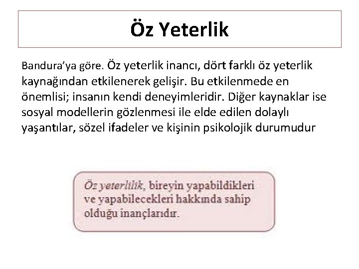 Öz Yeterlik Bandura’ya göre. Öz yeterlik inancı, dört farklı öz yeterlik kaynağından etkilenerek gelişir.