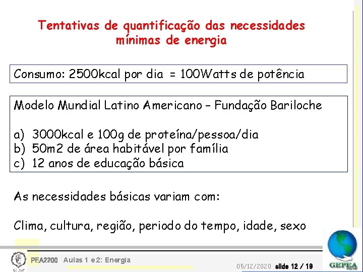 Tentativas de quantificação das necessidades mínimas de energia Consumo: 2500 kcal por dia =