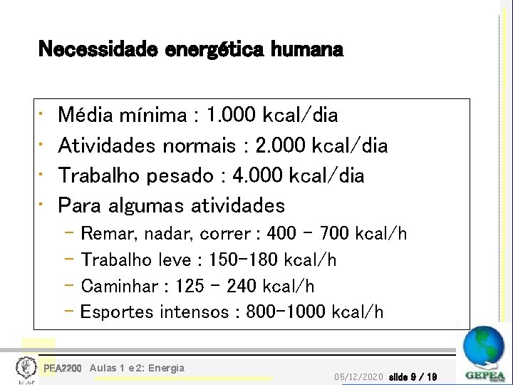 Necessidade energética humana • • Média mínima : 1. 000 kcal/dia Atividades normais :