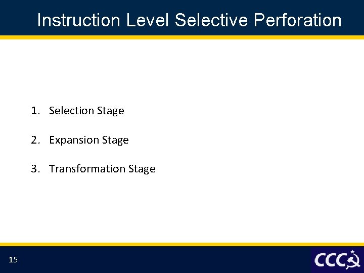 Instruction Level Selective Perforation 1. Selection Stage 2. Expansion Stage 3. Transformation Stage 15