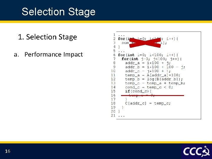 Selection Stage 1. Selection Stage a. Performance Impact 16 