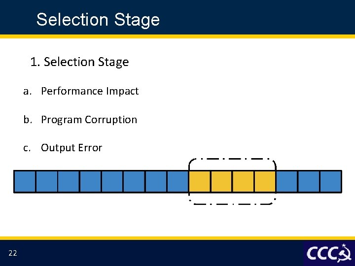 Selection Stage 1. Selection Stage a. Performance Impact b. Program Corruption c. Output Error