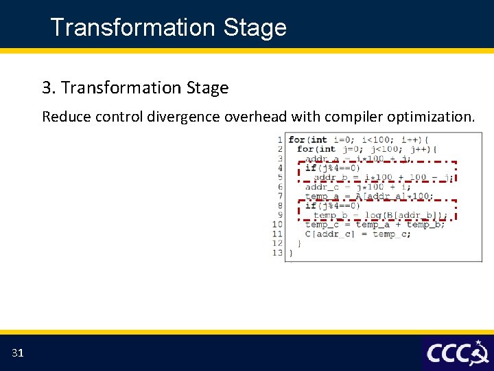 Transformation Stage 3. Transformation Stage Reduce control divergence overhead with compiler optimization. 31 