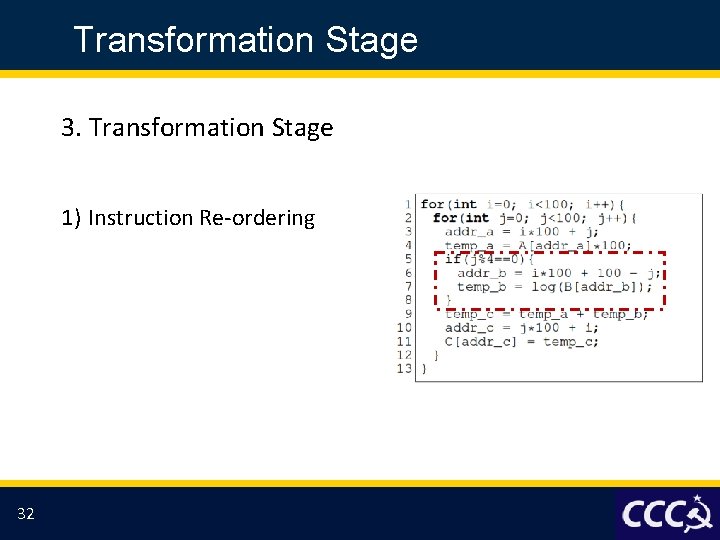 Transformation Stage 3. Transformation Stage 1) Instruction Re-ordering 32 