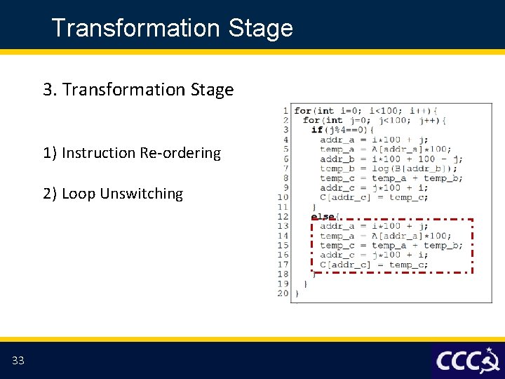 Transformation Stage 3. Transformation Stage 1) Instruction Re-ordering 2) Loop Unswitching 33 