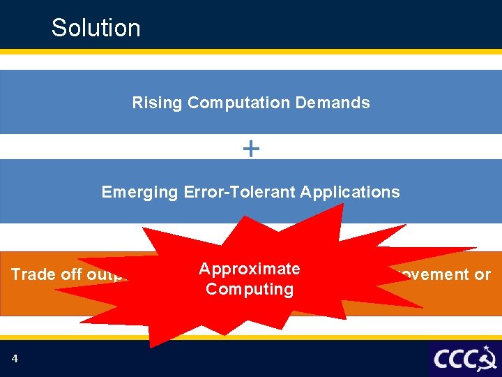 Solution Rising Computation Demands + Emerging Error-Tolerant Applications Approximate Trade off output accuracy with