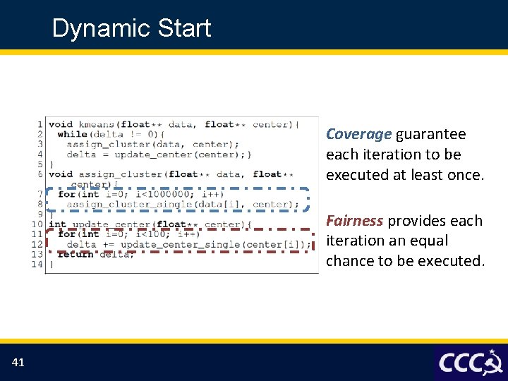 Dynamic Start Coverage guarantee each iteration to be executed at least once. Fairness provides