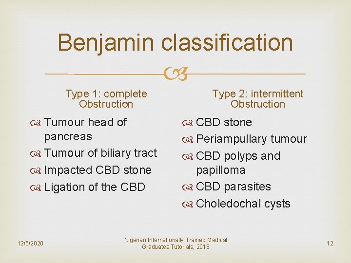 Benjamin classification Type 1: complete Obstruction Tumour head of pancreas Tumour of biliary tract