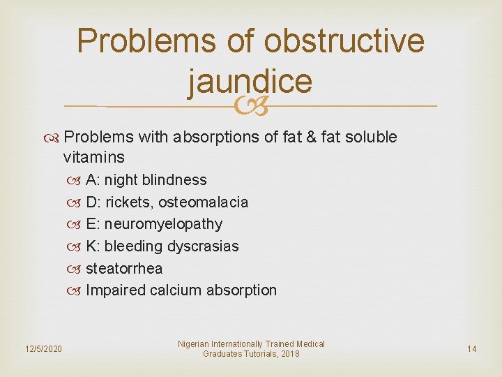 Problems of obstructive jaundice Problems with absorptions of fat & fat soluble vitamins A: