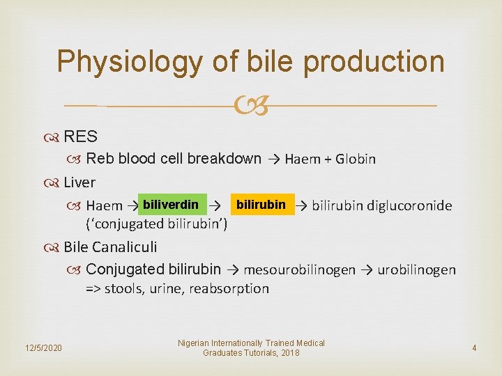 Physiology of bile production RES Reb blood cell breakdown → Haem + Globin Liver
