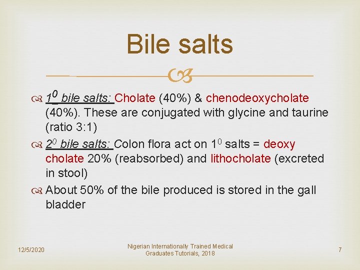 Bile salts 10 bile salts: Cholate (40%) & chenodeoxycholate (40%). These are conjugated with