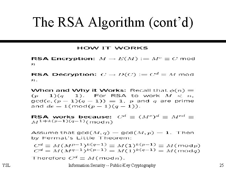 The RSA Algorithm (cont’d) YSL Information Security -- Public-Key Cryptography 25 