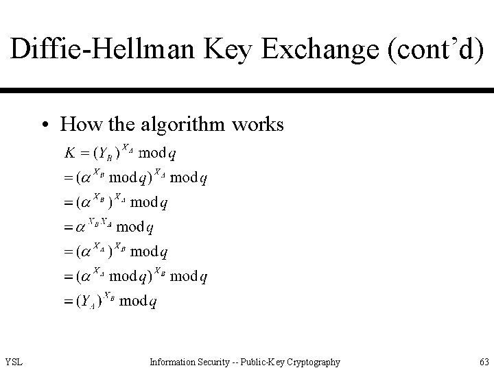 Diffie-Hellman Key Exchange (cont’d) • How the algorithm works YSL Information Security -- Public-Key
