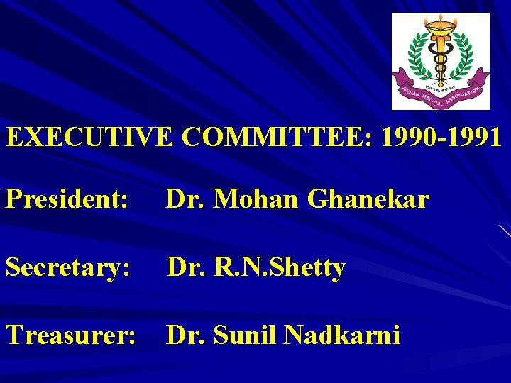 EXECUTIVE COMMITTEE: 1990 -1991 President: Dr. Mohan Ghanekar Secretary: Dr. R. N. Shetty Treasurer: