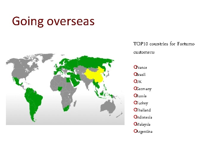 Going overseas TOP 10 countries for Fortumo customers: ¡France ¡Brazil ¡UK ¡Germany ¡Russia ¡Turkey