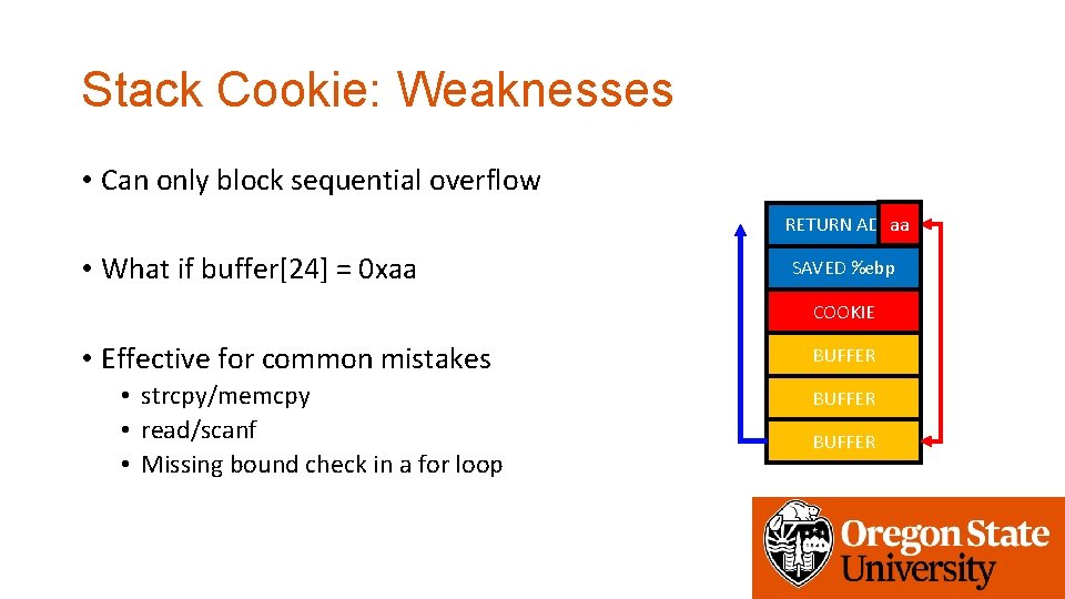 Stack Cookie: Weaknesses • Can only block sequential overflow aa RETURN ADDR • What