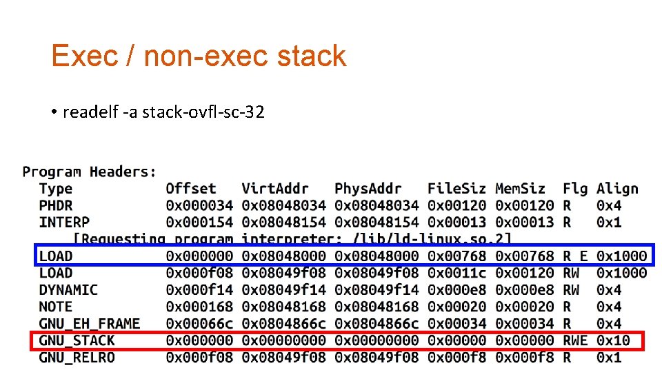 Exec / non-exec stack • readelf -a stack-ovfl-sc-32 