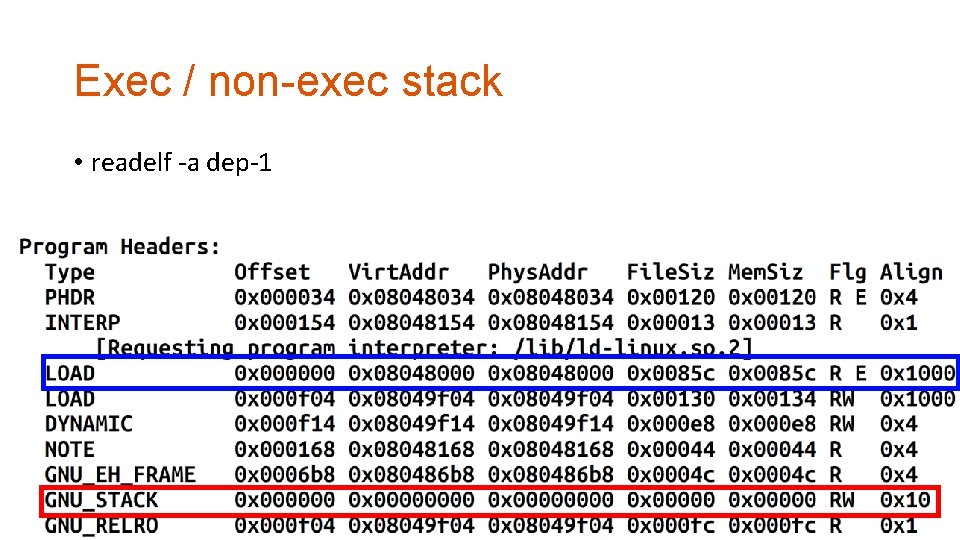 Exec / non-exec stack • readelf -a dep-1 