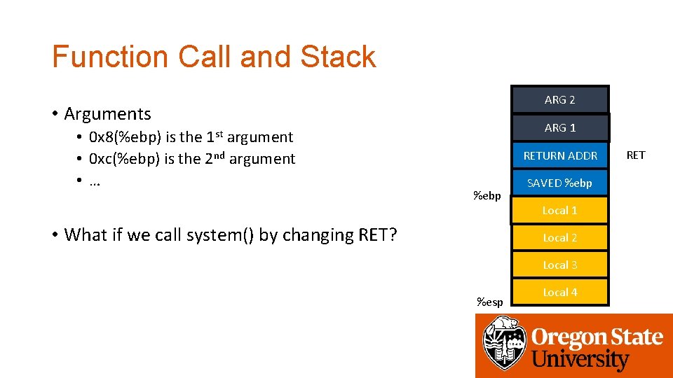 Function Call and Stack ARG 2 • Arguments • 0 x 8(%ebp) is the