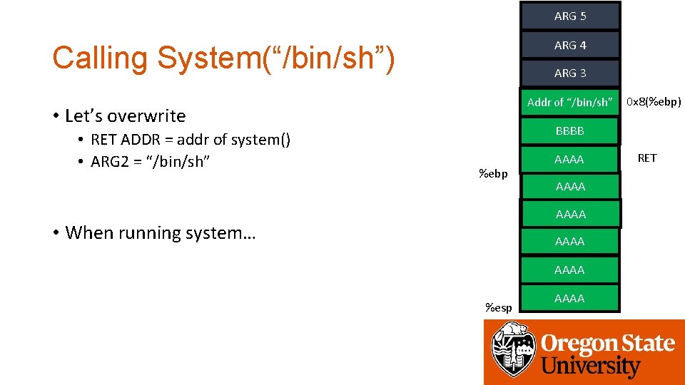 ARG 5 ARG 4 Calling System(“/bin/sh”) ARG 3 ARG 2 Addr of “/bin/sh” •