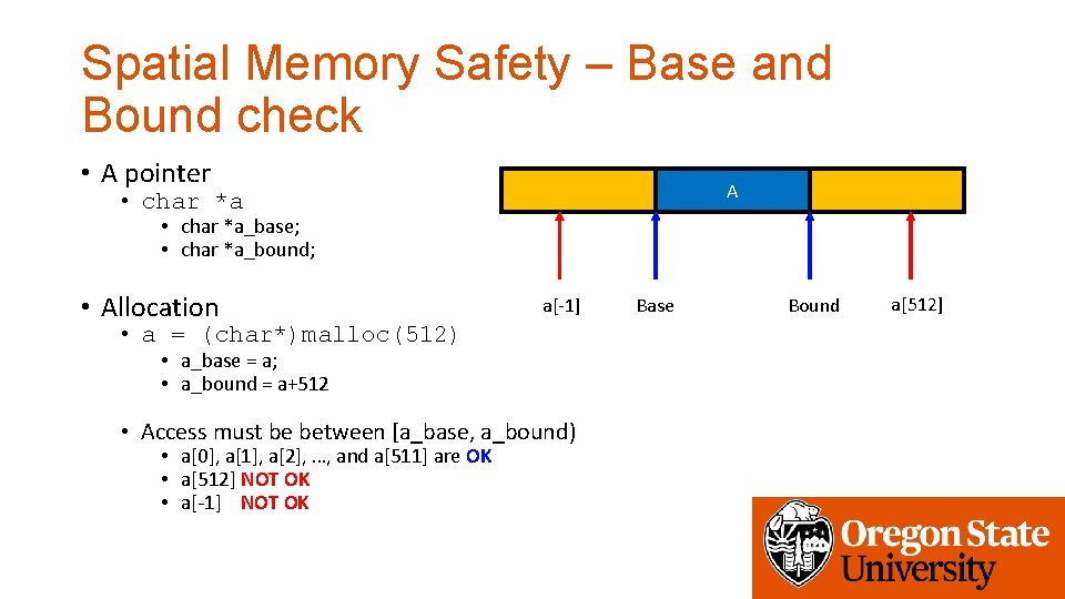 Spatial Memory Safety – Base and Bound check • A pointer A • char