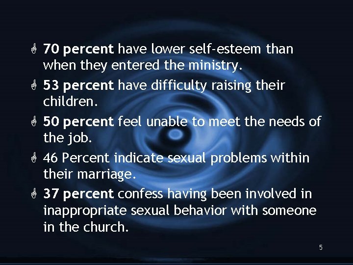 G 70 percent have lower self-esteem than when they entered the ministry. G 53