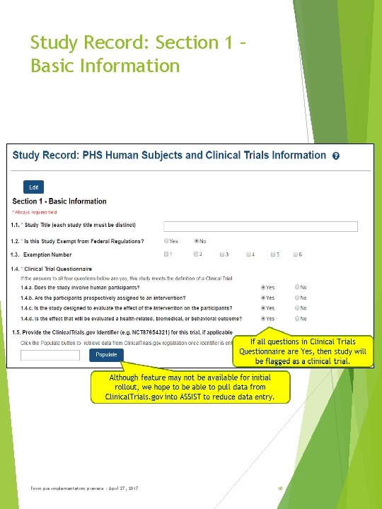 Study Record: Section 1 – Basic Information Form pre-implementation preview - April 27, 2017