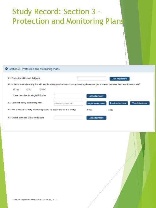 Study Record: Section 3 – Protection and Monitoring Plans Form pre-implementation preview - April Study Record: Section 3 – Protection and Monitoring Plans Form pre-implementation preview - April