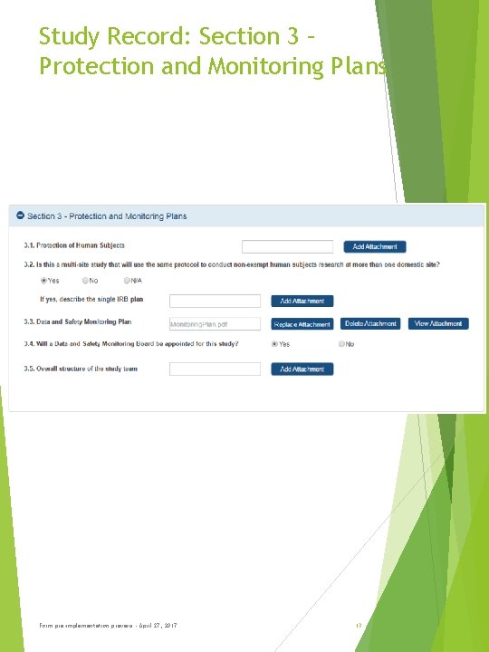 Study Record: Section 3 – Protection and Monitoring Plans Form pre-implementation preview - April