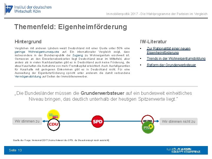 Immobilienpoltik 2017 - Die Wahlprogramme der Parteien im Vergleich Themenfeld: Eigenheimförderung Hintergrund IW-Literatur Verglichen