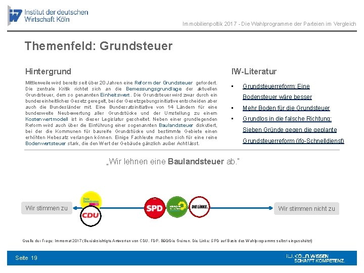 Immobilienpoltik 2017 - Die Wahlprogramme der Parteien im Vergleich Themenfeld: Grundsteuer Hintergrund IW-Literatur Mittlerweile