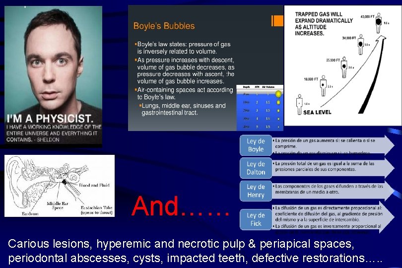 And…… Carious lesions, hyperemic and necrotic pulp & periapical spaces, periodontal abscesses, cysts, impacted