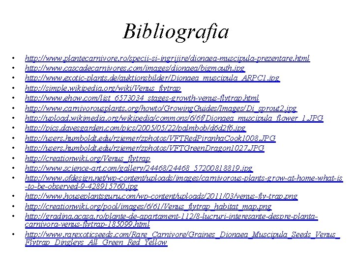 Bibliografia • • • • • http: //www. plantecarnivore. ro/specii-si-ingrijire/dionaea-muscipula-prezentare. html http: //www. cascadecarnivores.